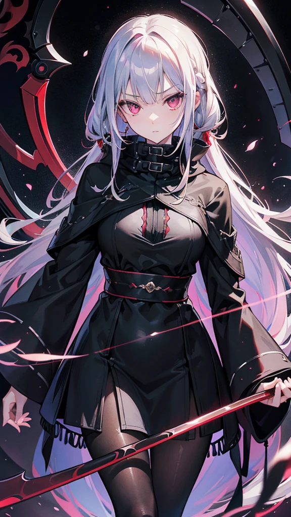 torino aqua, 1girl,((languor)),(((psychedelic))),(extremely delicate and beautiful)((Evil effect)),(((big scythe))),(extremely detailed CG unity 8k wallpaper,masterpiece, best quality, ultra-detailed),(finely detailed eyes and detailed face:1.3),slender,best shadow,(looking_at_viewer),gloomy look,(pantyhose),solo,((official art)),((Long Hairstyle)),from above,dynamic pose,Fingers crossed. Red eyes,[gray hair],((jitome)),(((black poncho))),(long sleeves),((small breasts)),