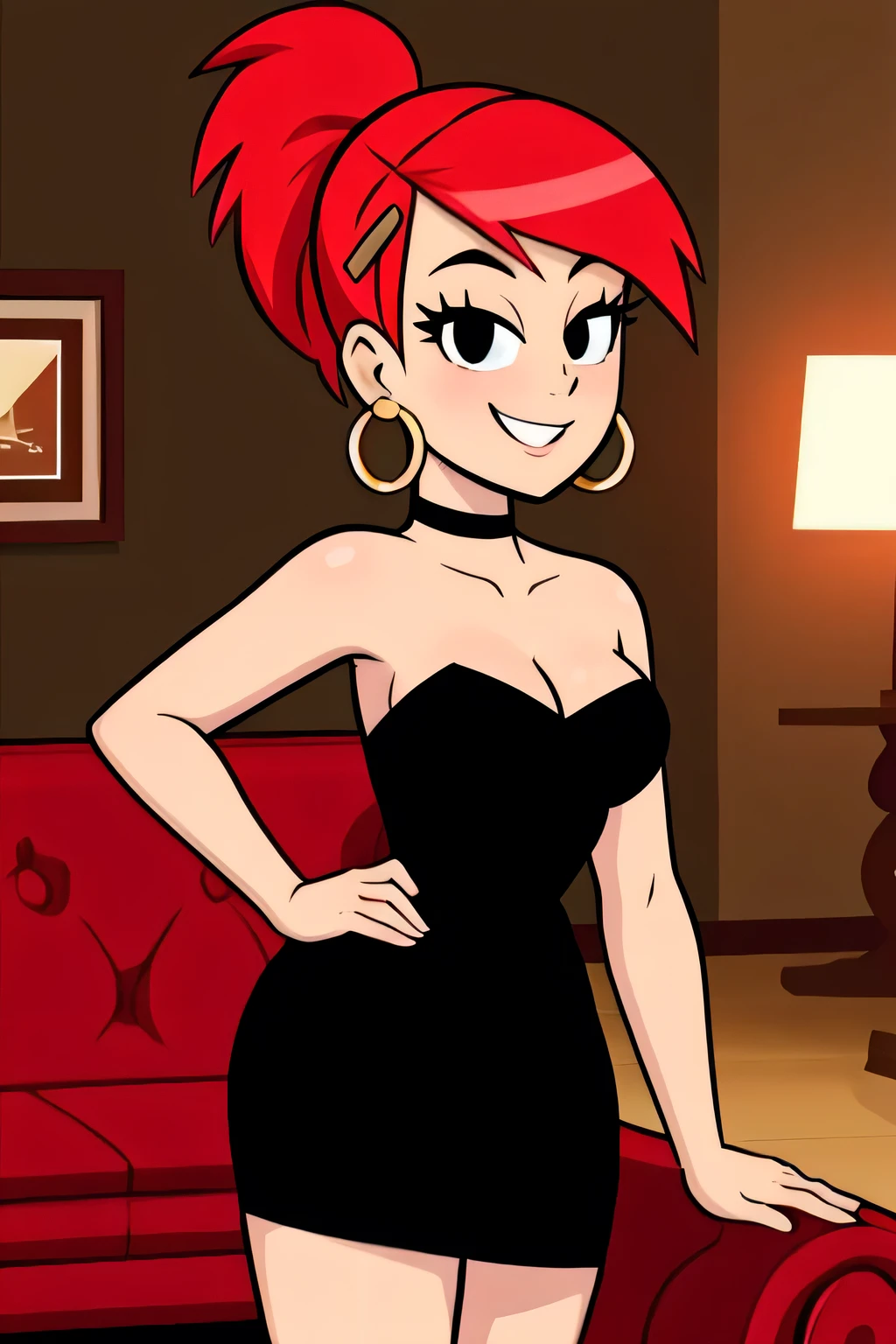 frankie foster, FostersStyle, (black pupils), red hair, strapless, black eyes, black dress, gold hoop earrings, sexy posing, hair clip, standing, medium breasts, ponytail, seductive smile, cowboy shot, indoor room, sofa
