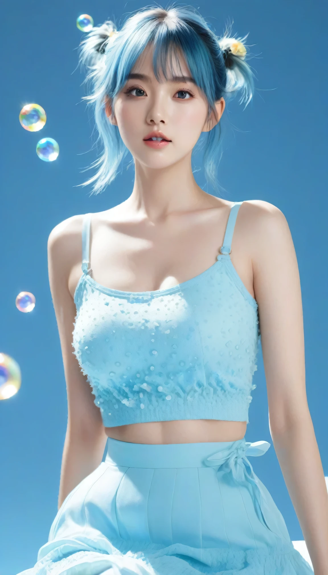 (masterpiece), (best quality), (Super detailed),(disheveled hair),(illustration), (1 girl), (fashion clothing), permanent, fashion model, looking at the audience, (interview), (Simple background),Beautiful and delicate eyes, Exquisite and beautiful face, floating,(high saturation),(colorful splash),Colorful bubbles,(shining), focus on face,  ponytail, Ayaka Uesou, light blue hair, Bangs, hair ring, floating flowers, floating hair, (shining), best lighting, best shadow,