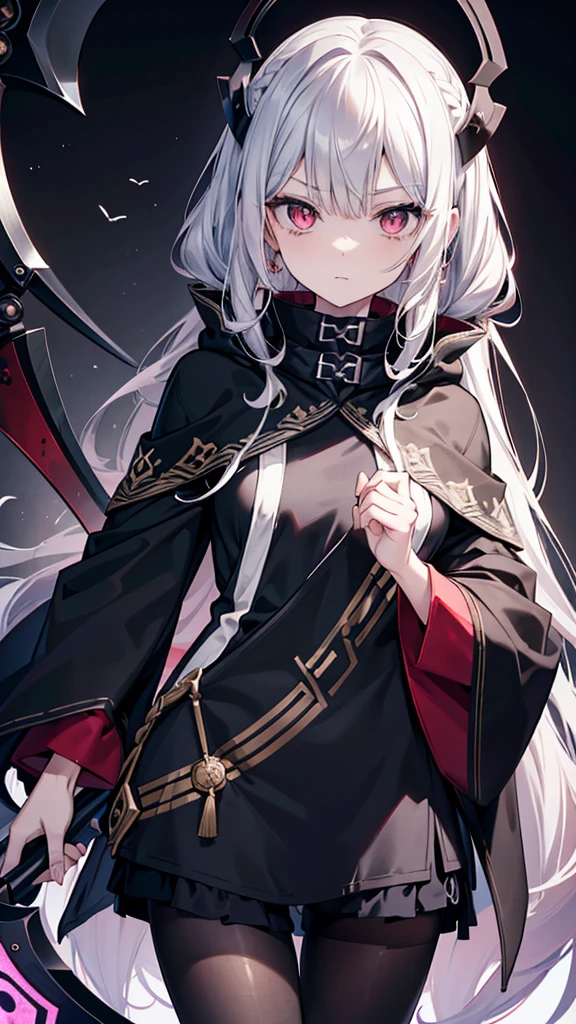 torino aqua, 1girl,((languor)),(((psychedelic))),(extremely delicate and beautiful)((Evil effect)),(((big scythe))),(extremely detailed CG unity 8k wallpaper,masterpiece, best quality, ultra-detailed),(finely detailed eyes and detailed face:1.3),slender,best shadow,(looking_at_viewer),gloomy look,(pantyhose),solo,((official art)),((Long Hairstyle)),from above,dynamic pose,Fingers crossed. Red eyes,[gray hair],((jitome)),(((black poncho))),(long sleeves),((small breasts)),