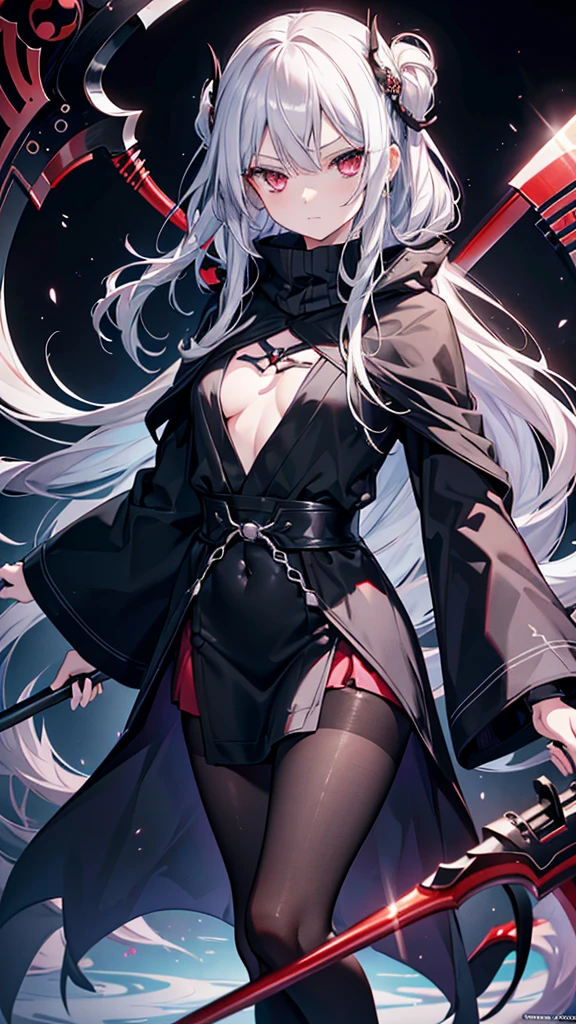 torino aqua, 1girl,((languor)),(((psychedelic))),(extremely delicate and beautiful)((Evil effect)),(((big scythe))),(extremely detailed CG unity 8k wallpaper,masterpiece, best quality, ultra-detailed),(finely detailed eyes and detailed face:1.3),slender,best shadow,(looking_at_viewer),gloomy look,(pantyhose),solo,((official art)),((Long Hairstyle)),from above,dynamic pose,Fingers crossed. Red eyes,[gray hair],((jitome)),(((black poncho))),(long sleeves),((small breasts)),