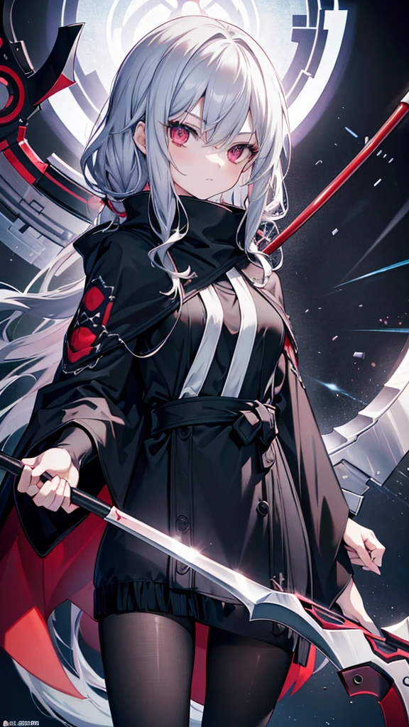 torino aqua, 1girl,((languor)),(((psychedelic))),(extremely delicate and beautiful)((Evil effect)),(((big scythe))),(extremely detailed CG unity 8k wallpaper,masterpiece, best quality, ultra-detailed),(finely detailed eyes and detailed face:1.3),slender,best shadow,(looking_at_viewer),gloomy look,(pantyhose),solo,((official art)),((Long Hairstyle)),from above,dynamic pose,Fingers crossed. Red eyes,[gray hair],((jitome)),(((black poncho))),(long sleeves),((small breasts)),