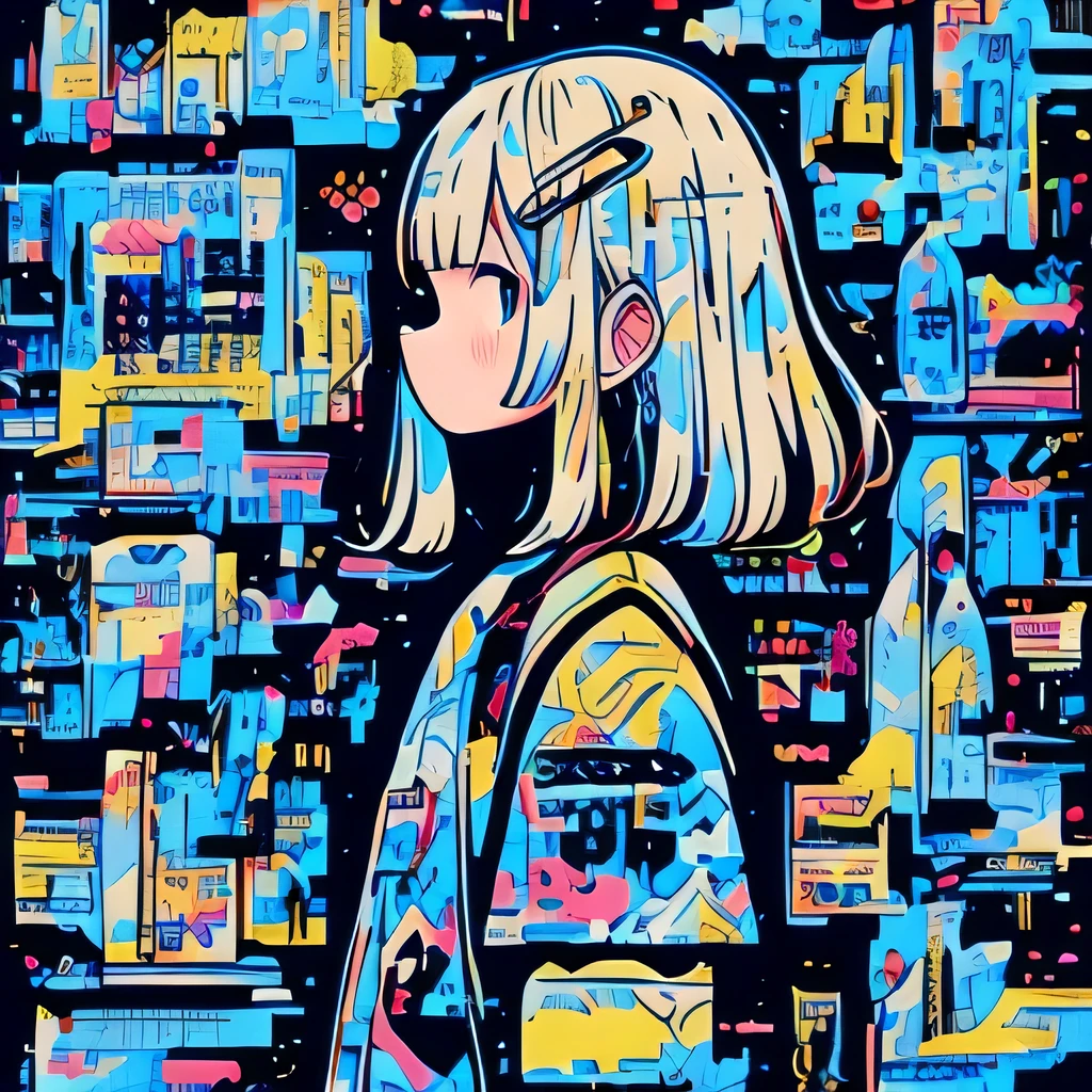 The background is colorful building blocks、Inner color Colorful girl profile