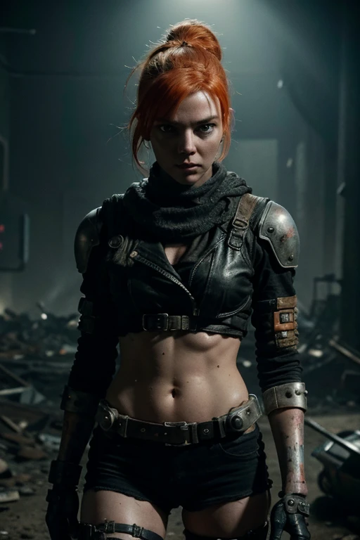 A highly detailed and realistic skull girl,( Anya. Taylor Joy) cyberpunk character, mad max furiosa, one hand robot, cyborg arm, orange hair, dramatic metal heavy rock theme, best quality, 8k, hyperrealistic, photorealistic, extreme detailed painting, studio lighting, vivid colors, dark moody atmosphere, cinematic, dramatic pose, intricate mechanical details, glowing energy effects, intense gritty textures, seamless integration of organic and inorganic elements. Wearing the used clothes of a wastelander. Background: An apocalyptic wasteland. Dusty and depressing.