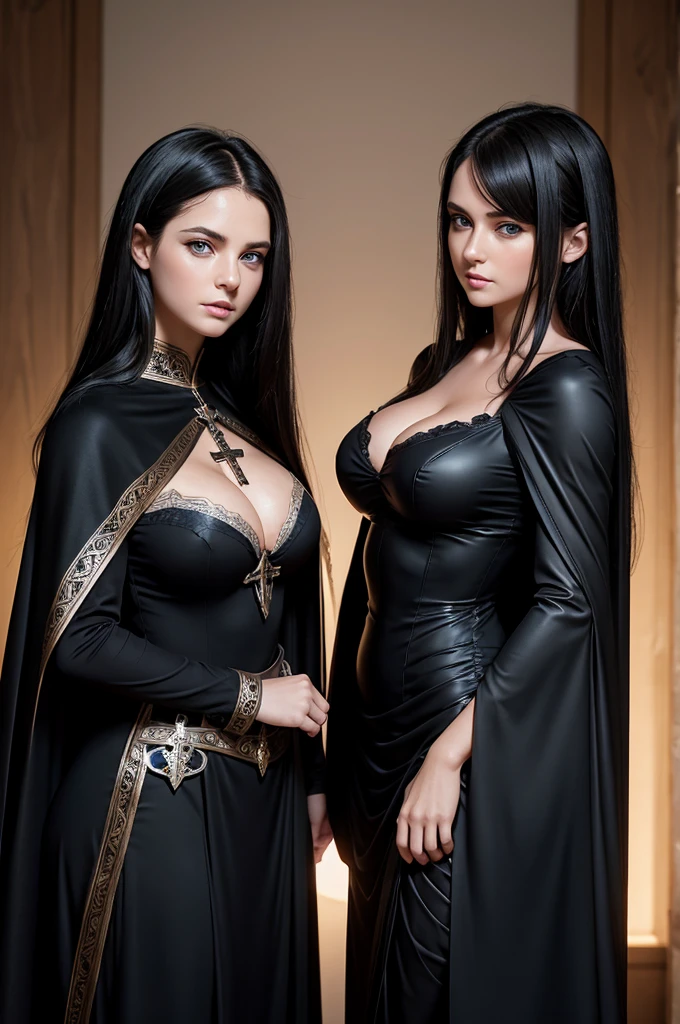 mother and daughter portrait break: mature, evil, middle-age, long black hair , blue eyes, detailed face, beautiful face, cleavage, curvy body, tall, chubby, dress with cape, desing with christian cross, break: daughter, girl, very small breats, slim, ager(1.3),13 yenager, big bublack hair,blue eyes, detailed face, angelical face,cleavage, very small breasts, dress with cape, desing with christian cross, soft lesbian