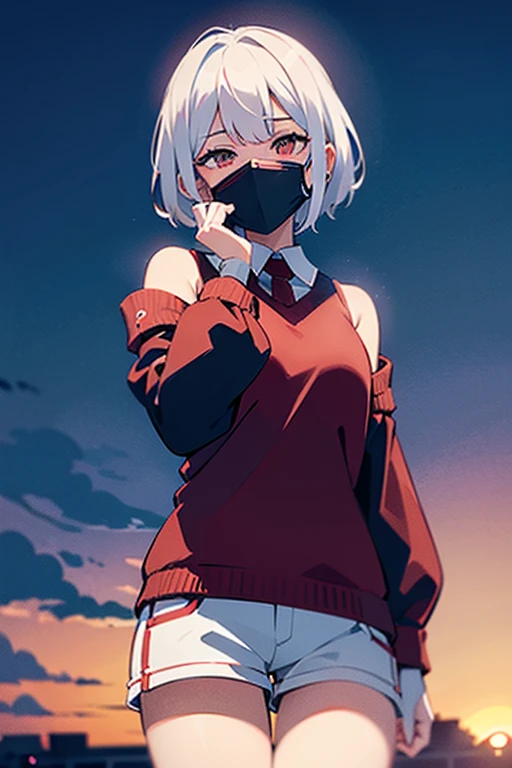 (white short hair)(red eye)(Sit on the roof)(dusk)(face to the sky)(whole body)(Profile)(Sunset)(despair)(No hope)(Cover your face)4k