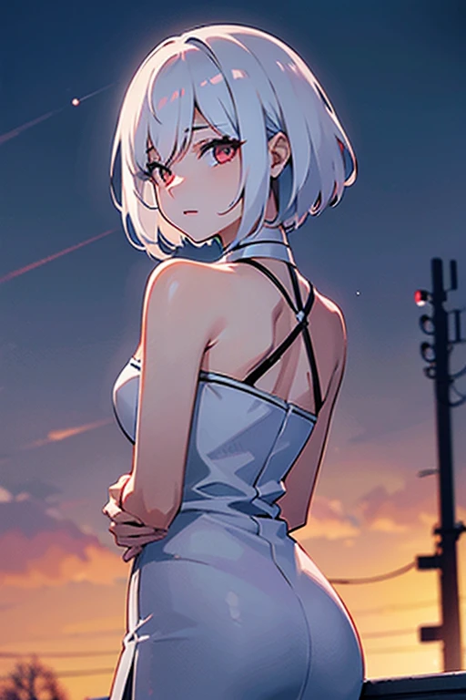 (white short hair)(red eye)(Sit on the roof)(dusk)(face to the sky)(whole body)(Profile)(Sunset)(despair)(No hope)(Cover your face)4k