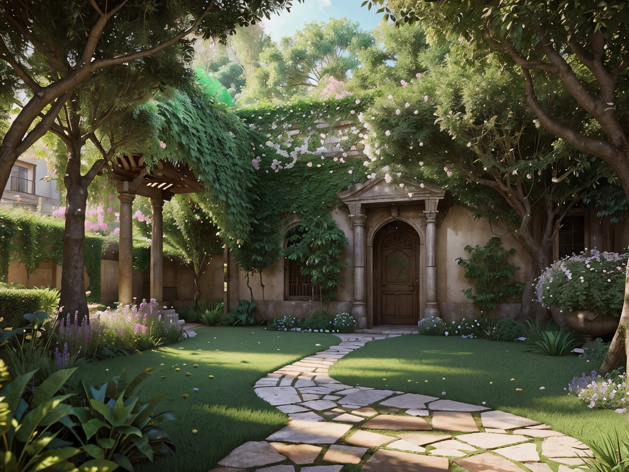 Imagine a secret garden tucked away in an ancient city, filled with rare and exotic plants, colorful flowers, and soft, dappled sunlight filtering through the trees. The anime-style rendering will emphasize the hidden beauty and the lush greenery.
