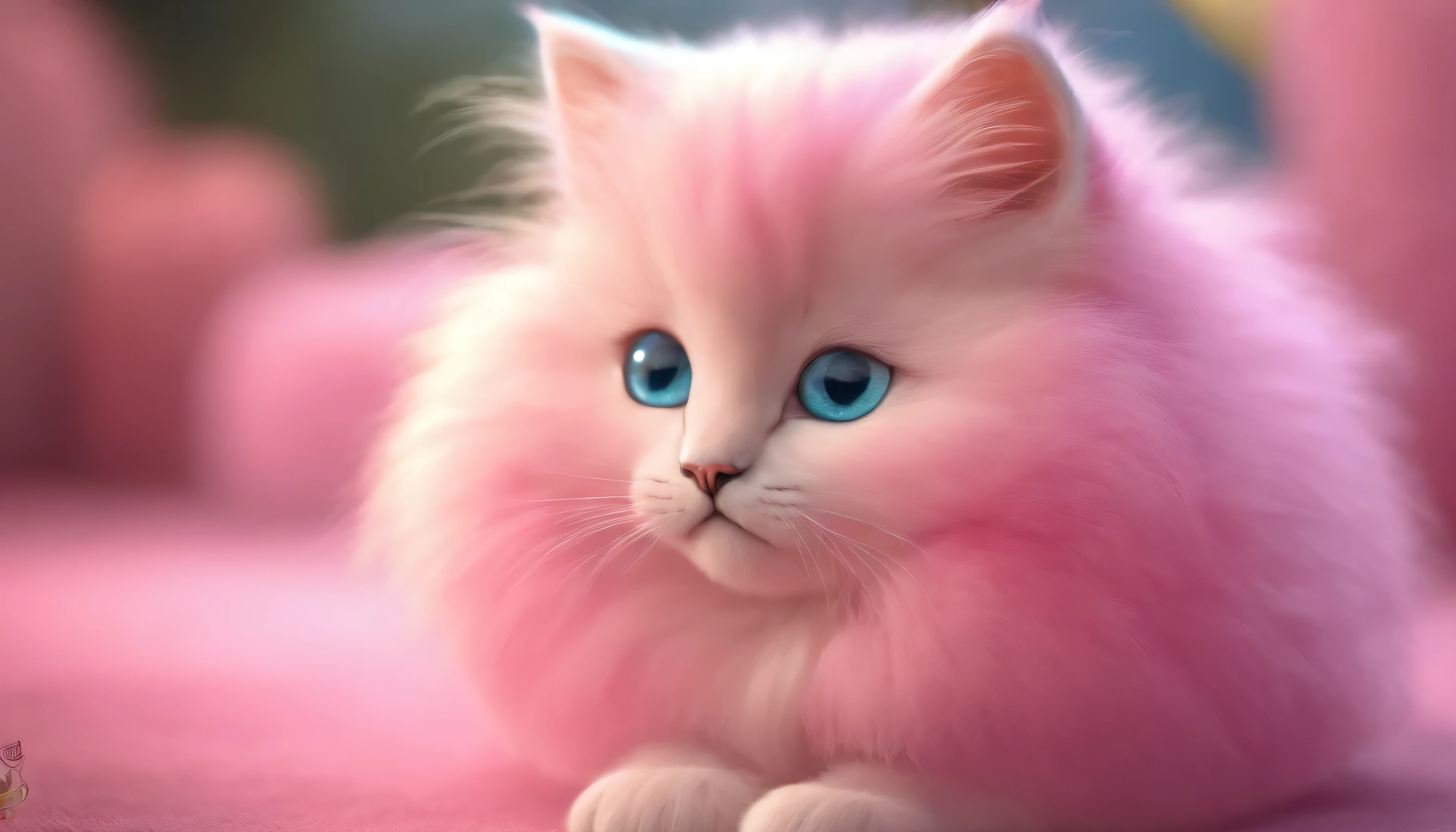 a sweet pink kitten with rainbow eyes, cotton candy clouds, whimsical, kawaii, cute, adorable, beautiful detailed eyes, beautiful detailed face, long eyelashes, extremely detailed, 8k, high resolution, photorealistic, masterpiece, vibrant colors, soft lighting, magical, fantasy, cute and cuddly