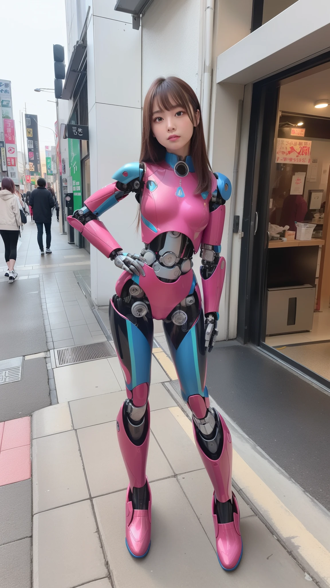(Photorealsitic:1.4)、one robot girl、(top-quality)、(hyperdetailed face)、(Super well-formed face)、(Robot Parts)、(Female-Robot)、(17 years-old)、(Blue)、(pink there)、(Burgundy)、(metallic)、(full-body)、(sexy pose)、(Slender body)、(Model body type)、(full body mech)、(Street of Akihabara)、(is looking at the camera)、(A brown-haired)、(Well-proportioned body)、(a small face)、(a small head)、(well-groomed fingers)、(Idol)、(front facing)、(Standing with legs open)、(Photo session)、(Looks sad)、(perfect-female-robot)、(perfect-mechanical-body)