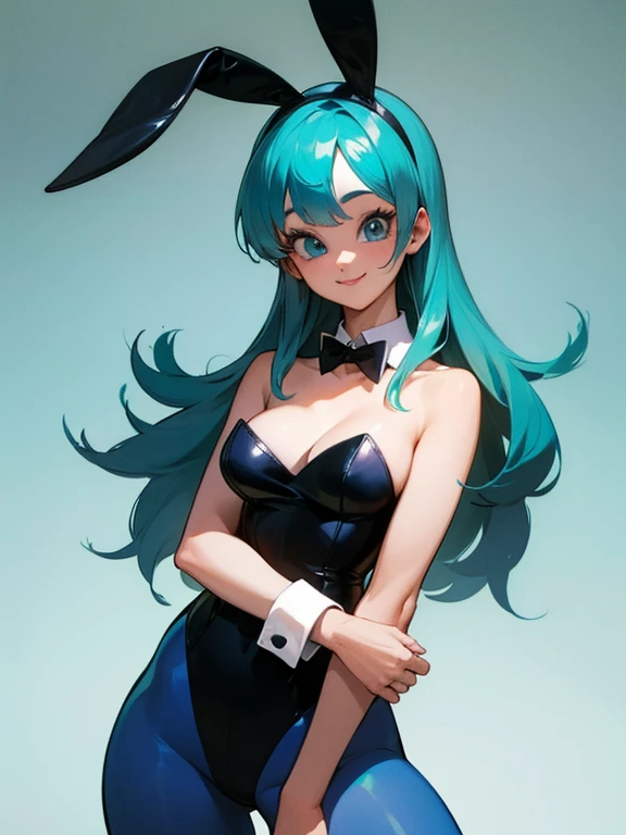 (8k, surreal,最high quality, high quality, High resolution, high quality texture, masterpiece:1.2, Detailed CG,detailed texture, unreal engine), digital rendering technology, (small face, realistic expression), (high detail skin:1.2), dragon ball, blmlong, aqua hair, blunt bangs, long hair, playboy bunny, rabbit ears, black pantyhose, red bowtie, wrist cuffs, black leotard, large breasts, wave with a smile:1.5, (((red star on orange background))),