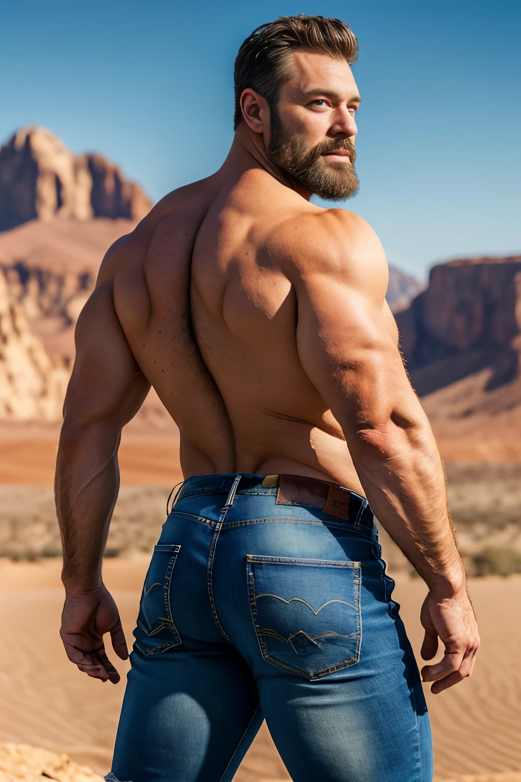 Mature man, very handsome, best quality, adventurer,  jeans, hairy chest , masterpiece, super high resolution, detailed background, reality, , single, 1 boy, muscle man, beard, desert, desert, mountain, muscle, facial hair, volumetric lighting, depth of field, wheezing, raised crotch, handsome action, big dynamics, (((big butt))) ((backside)) walking 