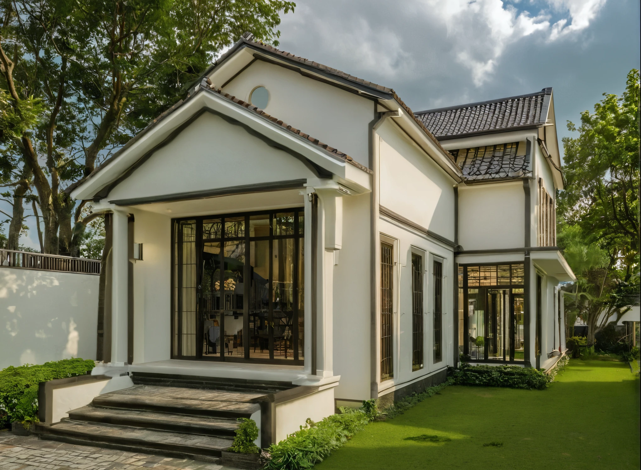 Raw photo,Masterpiece, high quality, best quality, authentic, super detail,
exterior, outdoors, house style indochine on the street ,aiaigroup
road,pavement, grass, trees, sky, cloud, (day:1.1)