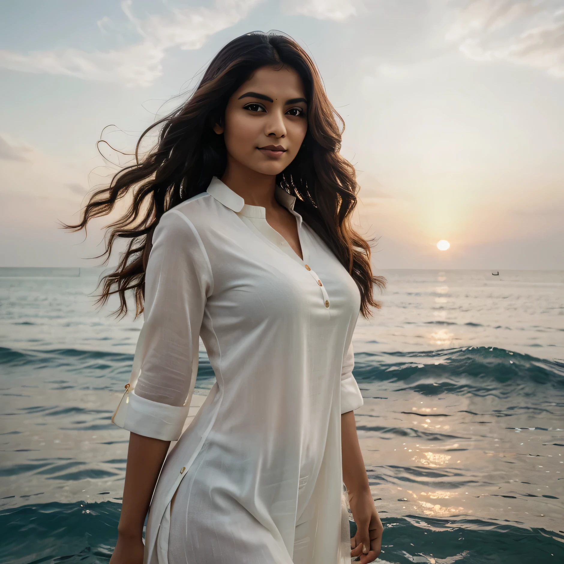 A charming Indian woman of incomparable beauty is captured in a full-body. Her soft dimples and realistic expression lines add authenticity to her look. The sun's rays illuminate her skin, highlighting her beauty. She is wearing Kurta Beauty, gorgeous. The background in a ocean . To capture this extraordinary scene, a high-resolution camera such as the Phase One XF IQ4 150MP is required. The lighting is diffused and natural, minimizing harsh shadows. The camera settings include a medium aperture, adjusted shutter speed, and a high-quality wide-angle lens with a focal length of approximately 35mm to capture the entire scene in an immersive way. Sharp, precise details are captured, from her wavy hair to the complex patterns of her clothing, ensuring a natural and stunning image.
