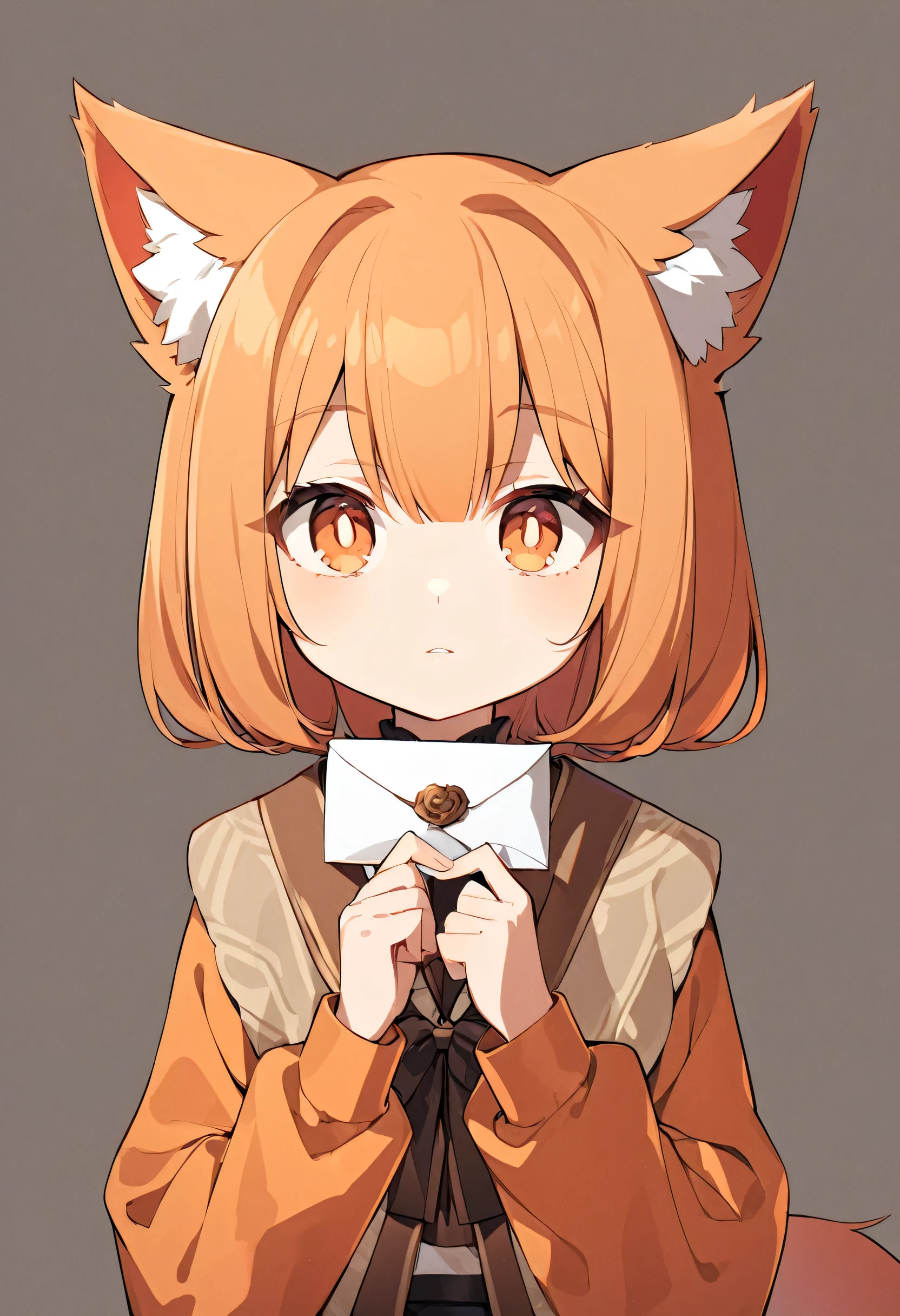 Anime orange fox girl holding an envelope, neutral face