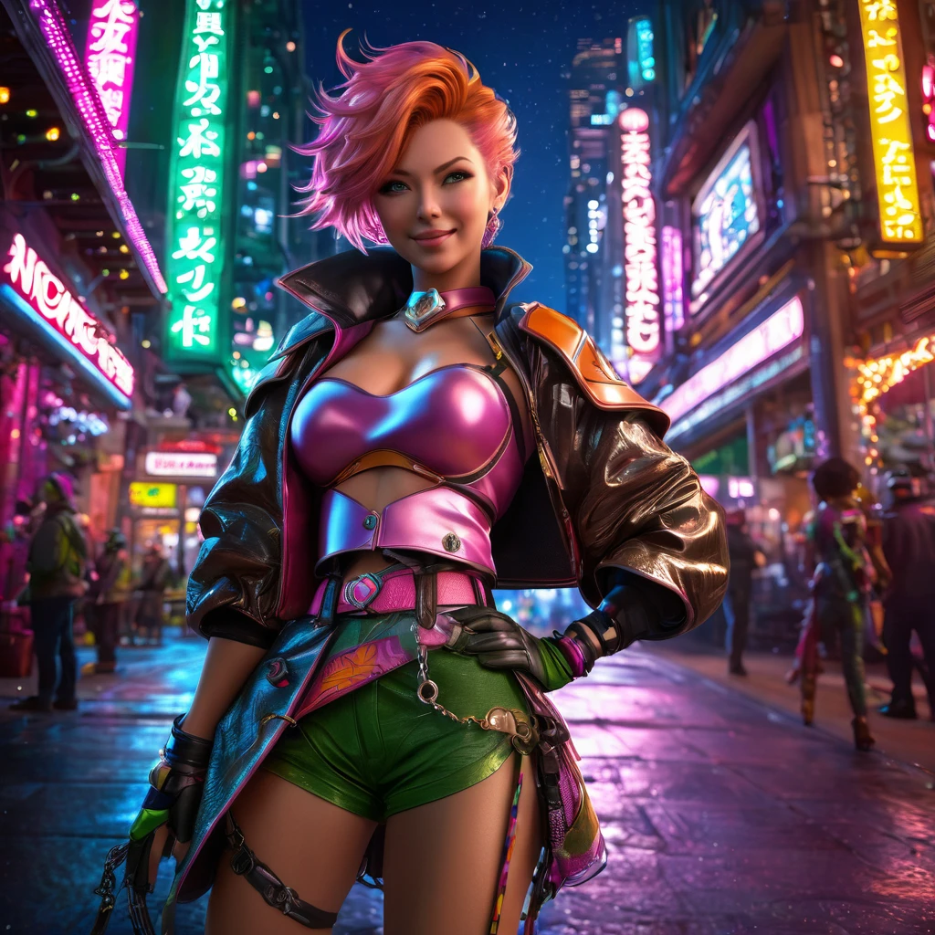 1 topless girl,cowboy shot, beautiful nora_valkyrie, looking at viewer, smile, short hair, blue eyes,heart cutout, gloves, jacket, pink skirt, pink belt, short sleeves, puffy sleeves, single armband, fingerless gloves, orange hair, pink gloves, dynamic pose, night, outdoors, city, (volumetric lighting), best quality, masterpiece, intricate details, tonemapping, sharp focus, hyper detailed, trending on Artstation, green thong
