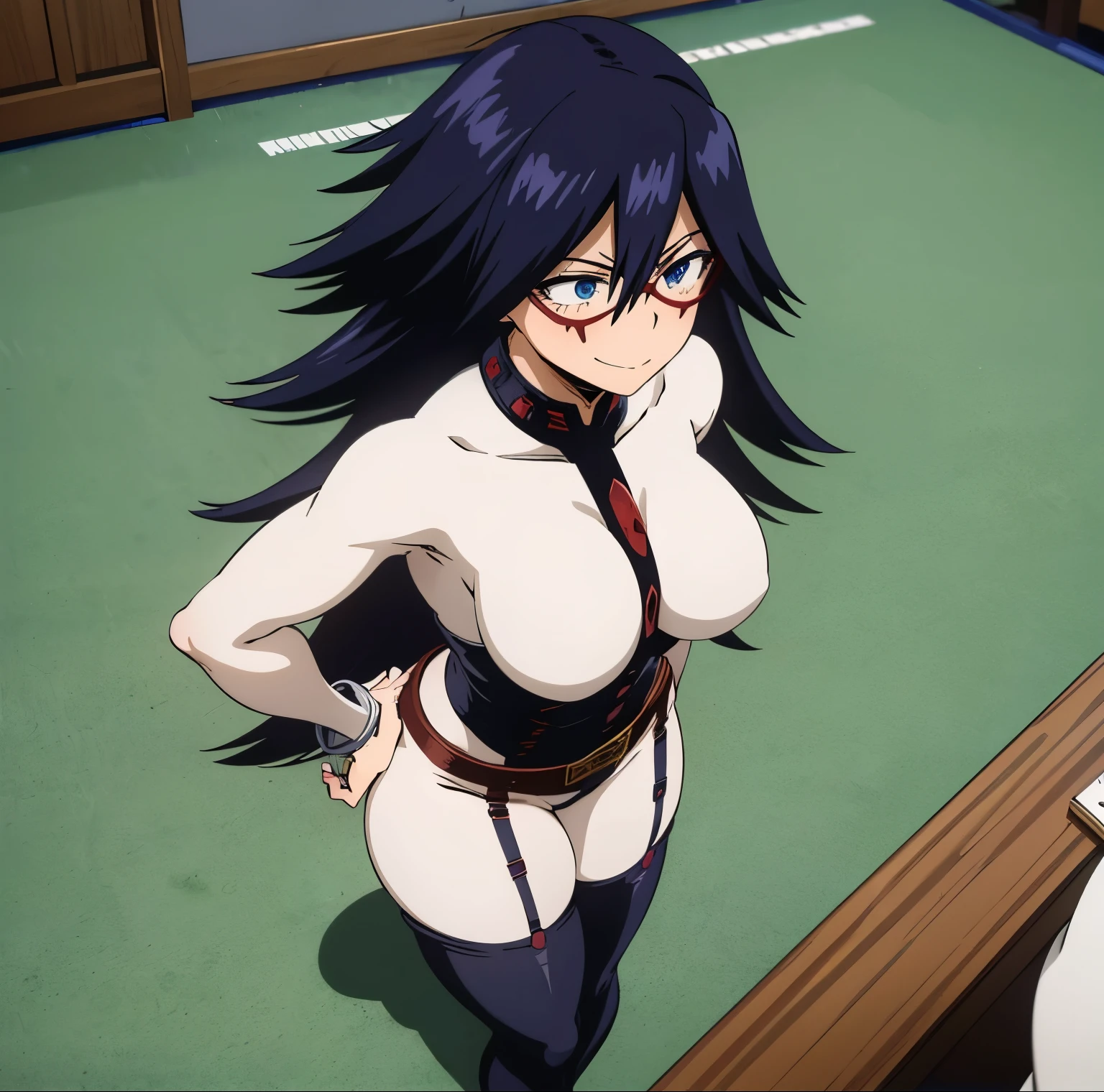 1girl,alone,nemuri kayama,scan, (extremely detailed CG unity 8k wallpaper: 1.1), masterpiece, high resolution, bedroom, boku no hero academia, big breasts, medium waist, wide hips, medium thighs, round butt, purple hair, long hair, blue eyes, big breasts, white jumpsuit with dark blue details, tight jumpsuit, domino mask, red mask, thigh highs, thigh high boots, red boots, handcuffs, belt, garter suspenders, looking at viewer , looking from the front, focus on breasts, pov (from above), standing, school, classroom, sexy posture, sexy body, seductive, smiling, mouth closed, perfect anatomy, perfect hands
