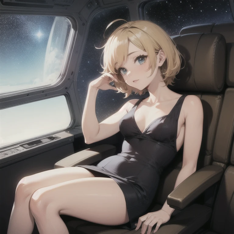 A blond young sexy woman with short hair and hot clothes sits on a seat in a spaceship and the window can show beautiful stars,futurama style