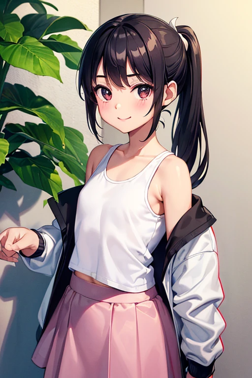 (((pixel-perfect, detail-perfect))), solo, 1girl, 7 year old, Syalsabila(SDN 221 MALILI), white shirt, very small breasts, black hair, eye black, home, long sleeves, tank top pink, jacket white, open jacket, skirt red, long skirt, smile, looking at viewer, ponytail, low ponytail