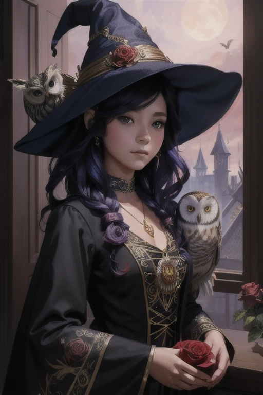 (Best Quality, tmasterpiece:1,1), sketch, ( Package "Mysticism", Little witch with an owl, rose hair, illustartion, by Ross Tran), painting, Detailed, ((ross tran style)), 8K
