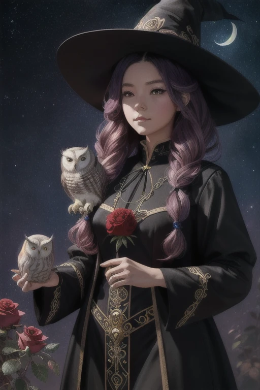 (Best Quality, tmasterpiece:1,1), sketch, ( Package "Mysticism", Little witch with an owl, rose hair, illustartion, by Ross Tran), painting, Detailed, ((ross tran style)), 8K