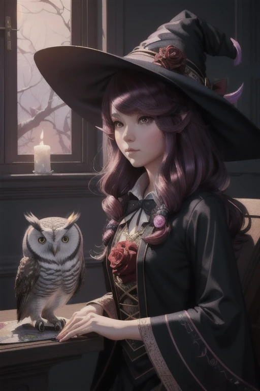 (Best Quality, tmasterpiece:1,1), sketch, ( Package "Mysticism", Little witch with an owl,  rose hair, illustartion, by Ross Tran), painting, Detailed, ((ross tran style)), 8K