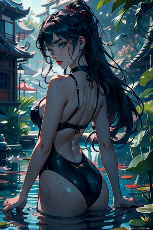 (Very fine and beautiful), (Very detailed CG unity 8K wallpaper), (Beautiful and detailed eye description), (ultra detailed, masterpiece), A high resolution, best quality, cinematic lighting, detailed back ground, 1female, Woman, MILF, solo, (Background: pond with lotus flowers, she is underwater), She has long black hair with purple streaks, bangs, (masterpiece), beautiful detailed eyes, Bright pupils, aqua eyes, cherry-red lips, sexy, frontage, (Wearing: black swim suit）