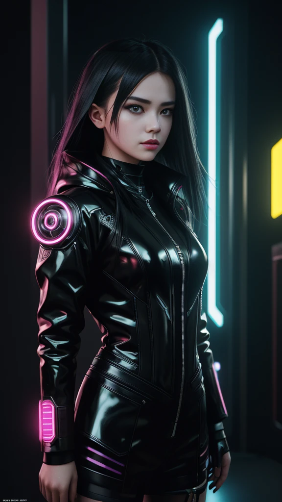 cyberpunk girl, wearing black latex, neon, glamorous, sci-fi, cyberpunk, perfect light perfect composition Beauty Award winning masterpiece Artstation 8 k Artgerm Mucha Dim Volumetric lighting Octane 18 k Beautiful detail rendering. post processing, portrait, exaggerated detail, complex, grand composition, cinematic lighting, masterpiece, trending art station, high detail, masterpiece, beautiful, 18k , HDR, smooth, sharp focus, high resolution.