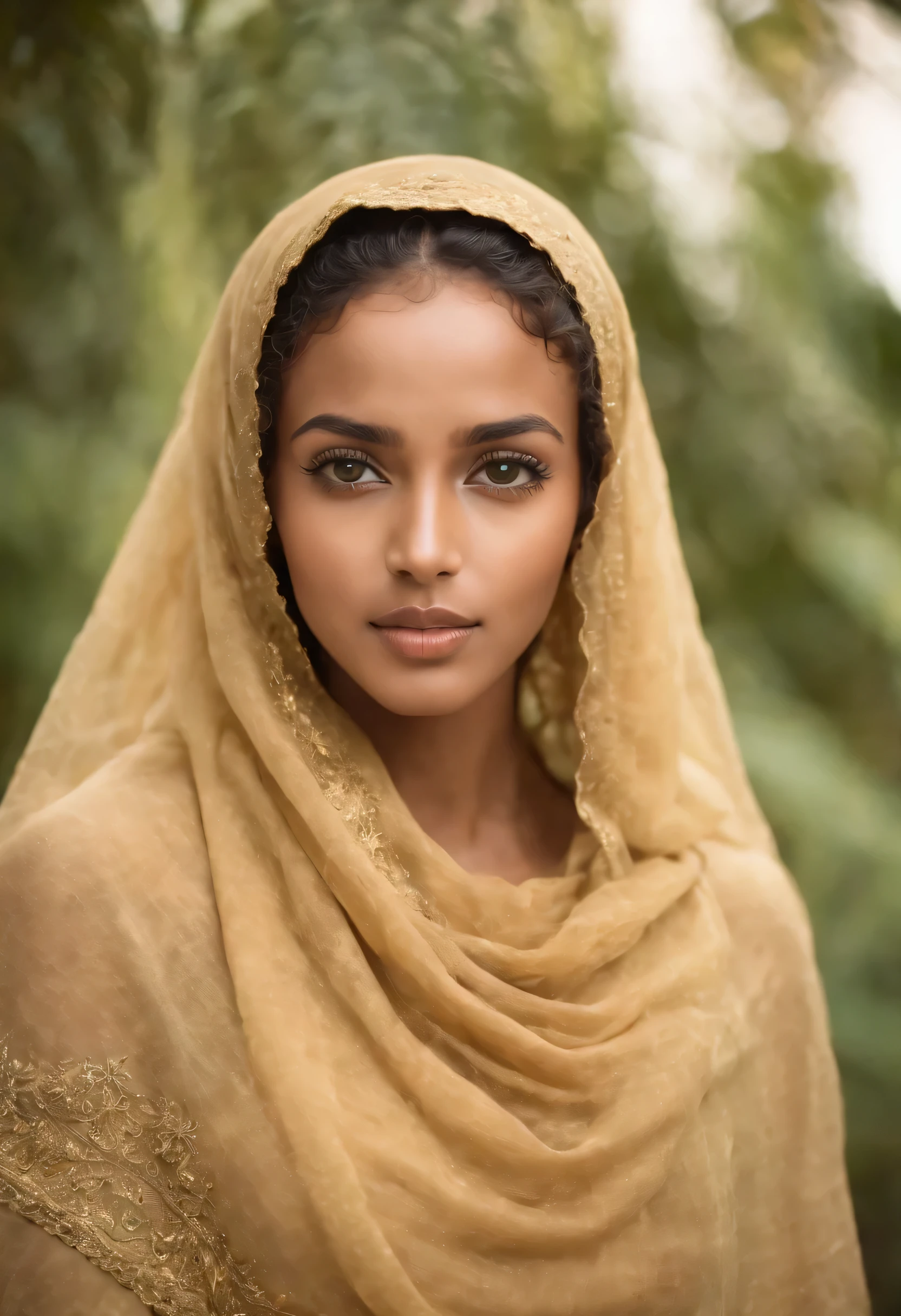 A beautiful, exotic, Ethiopian sexy girl with straight nose, brown glowing skin, long full curly hair, long lashes, mesmerizing green big eyes wearing a gold hijab 