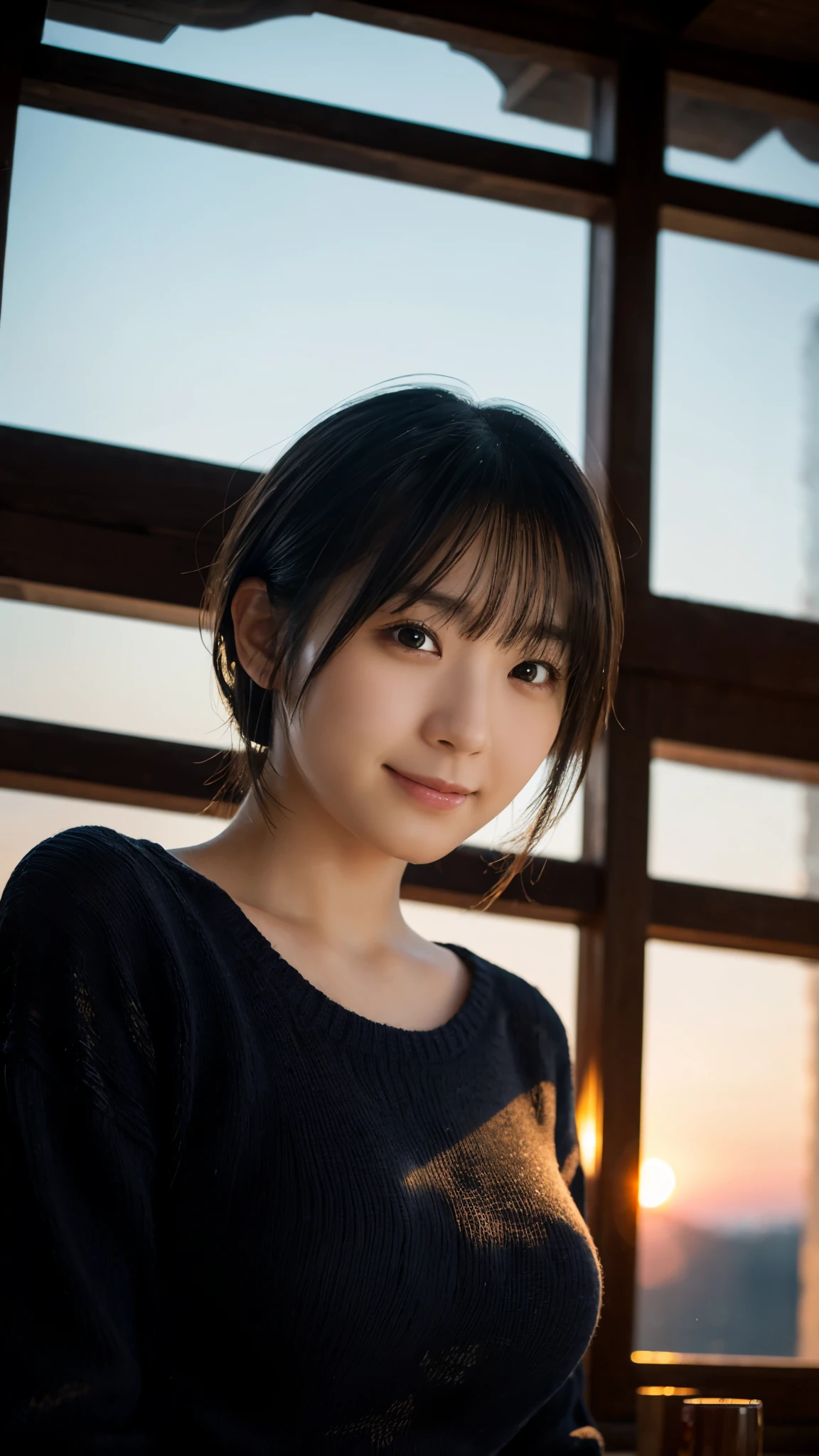 (highest quality,masterpiece:1.3,Ultra-high resolution),(Super detailed,Caustics,8k), (Photorealistic:1.4, RAW shooting),dusk,Sunset sky,Inside the Japan house,Japanese,20-year-old,smile,Black short hair,(Summer knitwear),Big Breasts,Bust up shot,Natural light,(Low position),(Low - Angle)