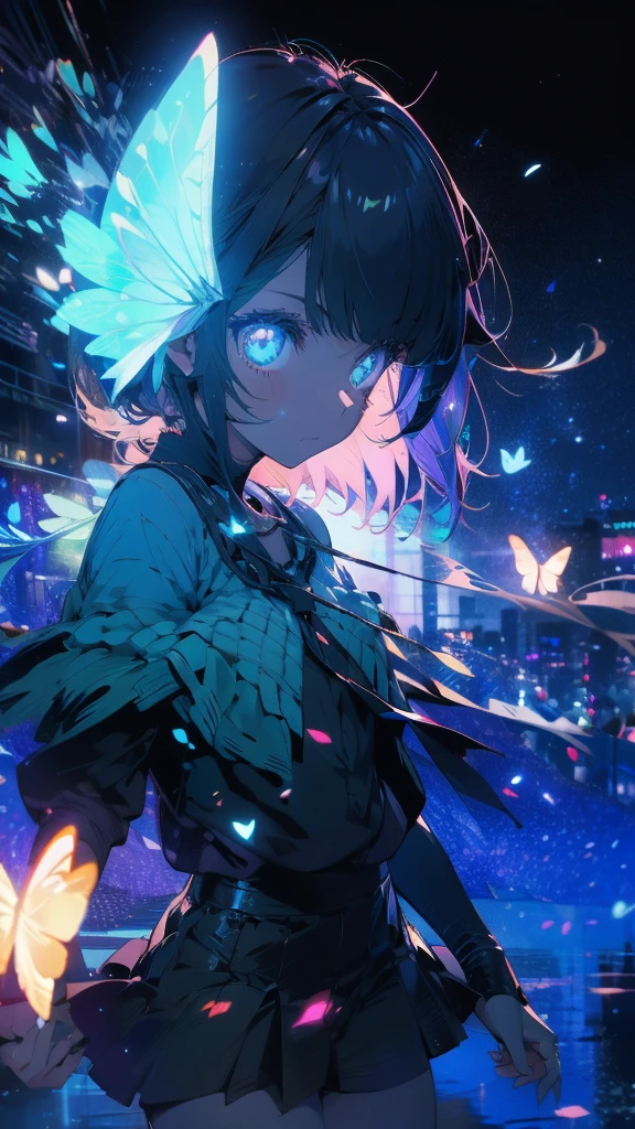 1 anime girl, alone,A mysteriously shining butterfly.city,thin legs,sky,sad expression,very clear,highest quality,city,standing on the street corner,close up of face,water,walking morning city