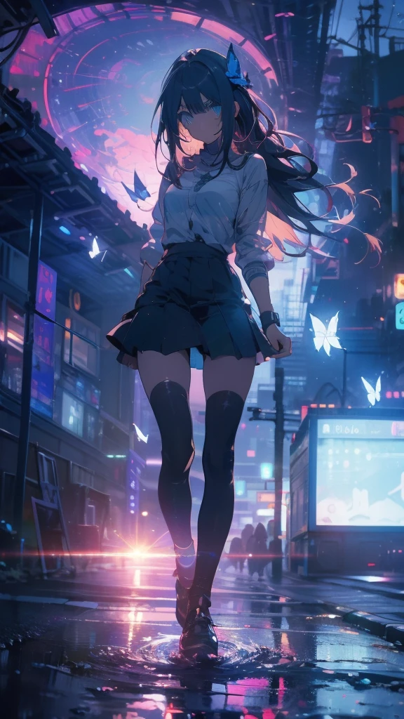 1 anime girl, alone,A mysteriously shining butterfly.city,thin legs,sky,sad expression,very clear,highest quality,city,standing on the street corner,close up of face,water,walking morning city