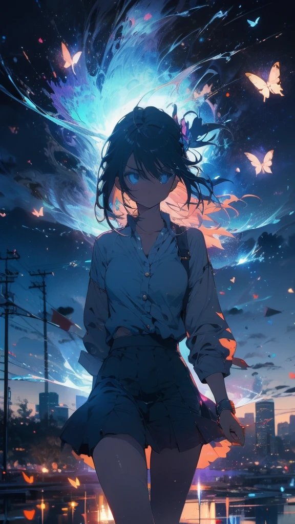1 anime girl, alone,A mysteriously shining butterfly.city,thin legs,sky,sad expression,very clear,highest quality,city,standing on the street corner,close up of face,water,walking morning city