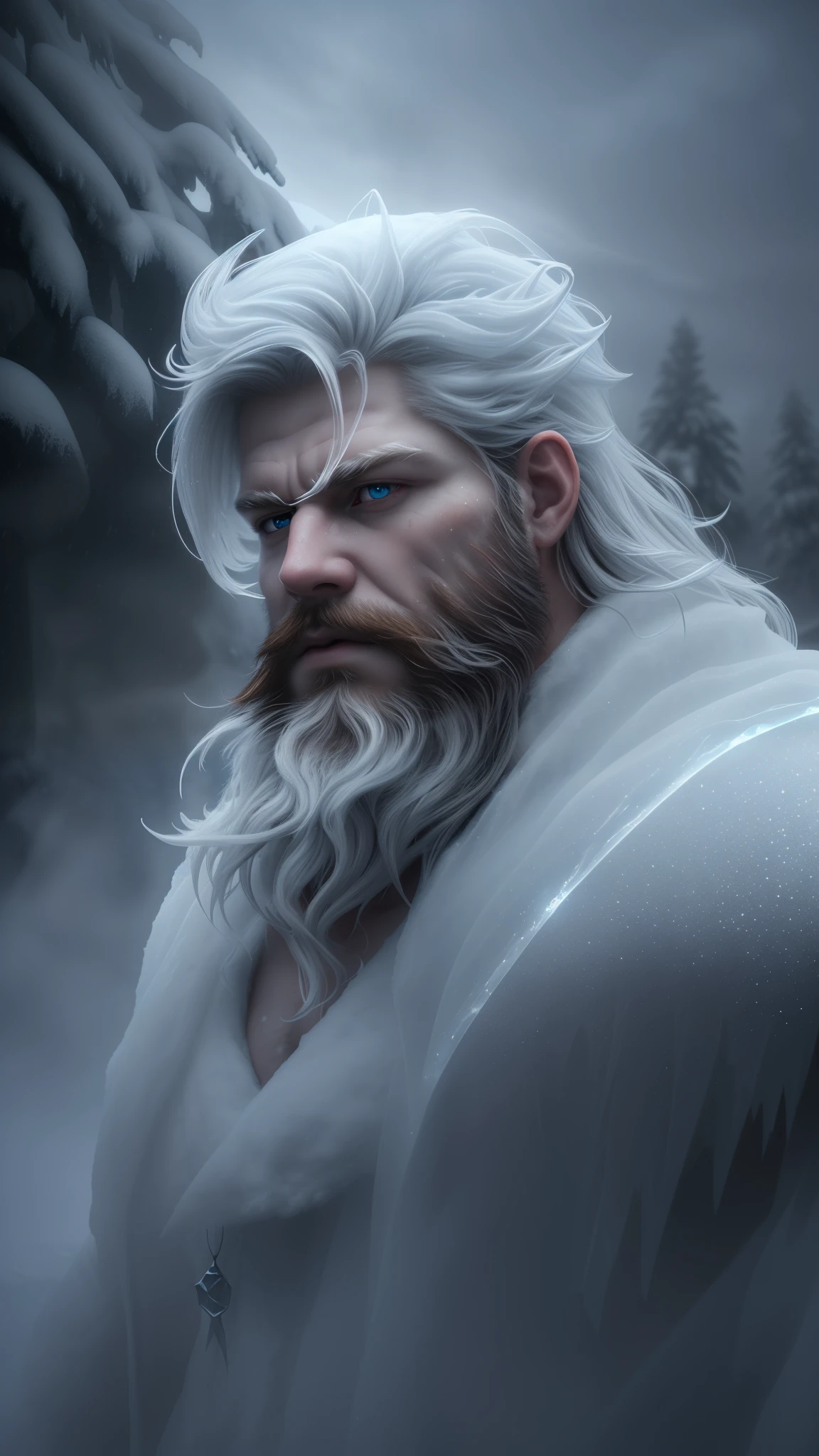 man, frosty skin, big beard, long hair, completely white eyes, no pupils, very realistic, high definition, incredible quality, 8k, full HD, uses ice magic, casts an ice spell, incantation glyph luminous around the character, snowstorm background, magical and fantastic atmosphere, cinematic lighting, dramatic, moody, epic, breathtaking, chiaroscuro, dramatic shadows, volumetric lighting, dramatic clouds, mist, fog, snow, icy, frozen, cold, winter, fantasy, concept art, digital painting, hyperrealistic, photorealistic