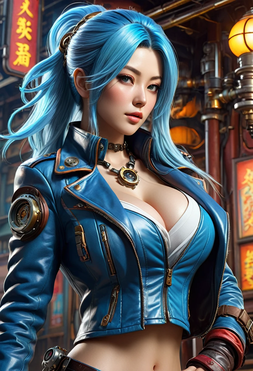 photorealistic, high resolution, game characters, 1 beautiful woman, huge breasts, beautiful breasts, light blue long hairstyle, leather jacket with steampunk design, otherworldly Japanese style background — illustrations reminiscent of the beginning of the story, dynamic, dramatic poses , bright colors, incredibly absurdres, ultra detailed, high resolution, realistic lighting, photorealism, hyperrealism,masterpiece,vibrant colors,stunning visuals,ultra skin texsture,stable diffusion,perfect anatomy,crazy details