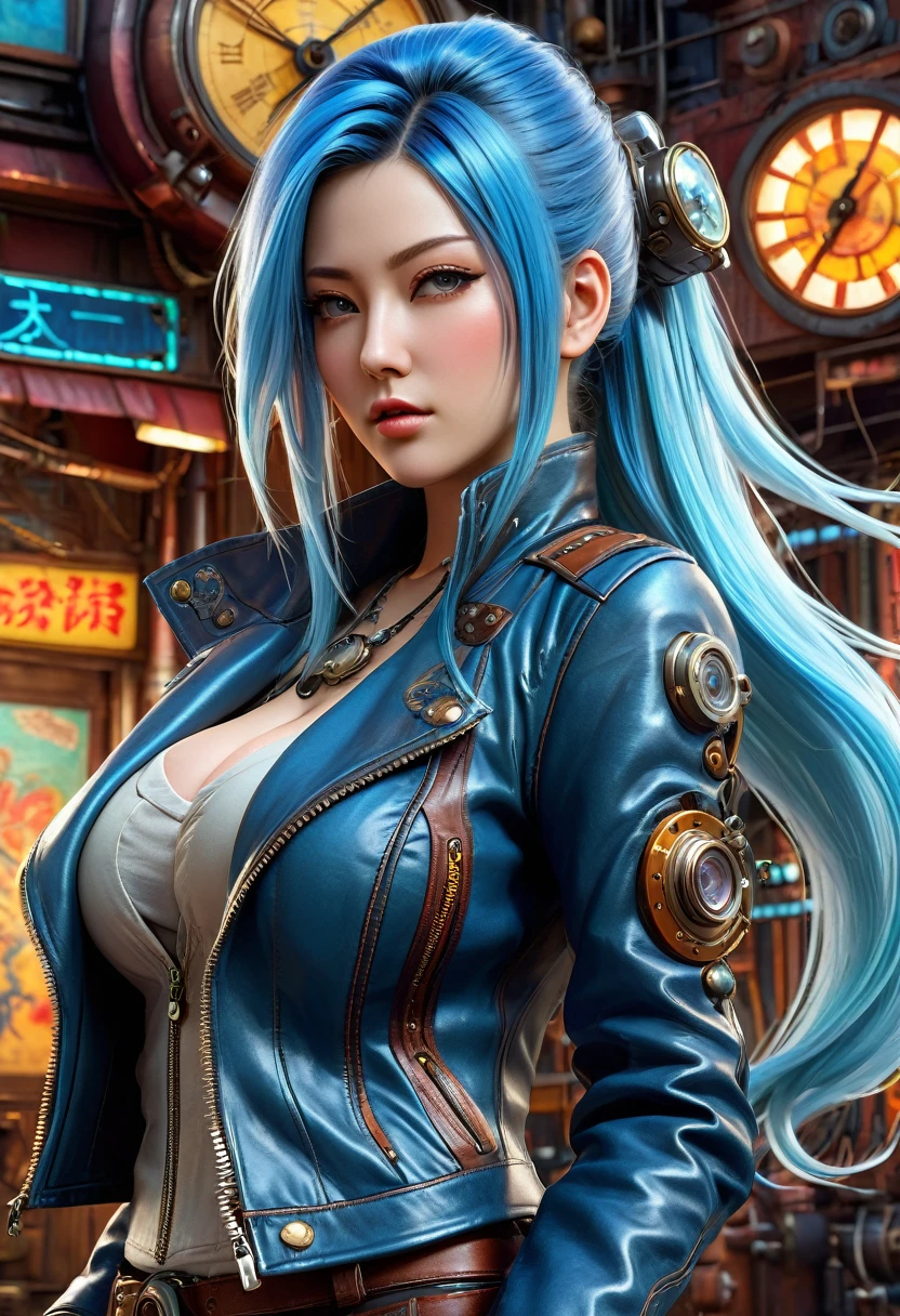 photorealistic, high resolution, game characters, 1 beautiful woman, huge breasts, beautiful breasts, light blue long hairstyle, leather jacket with steampunk design, otherworldly Japanese style background — illustrations reminiscent of the beginning of the story, dynamic, dramatic poses , bright colors, incredibly absurdres, ultra detailed, high resolution, realistic lighting, photorealism, hyperrealism,masterpiece,vibrant colors,stunning visuals,ultra skin texsture,stable diffusion,perfect anatomy,crazy details