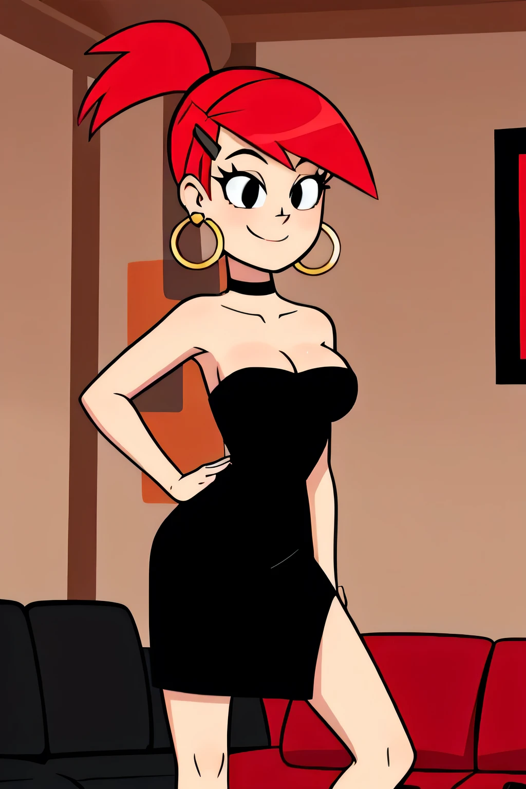 frankie foster, FostersStyle, (black pupils), red hair, strapless, black eyes, black dress, gold hoop earrings, sexy posing, hair clip, standing, medium breasts, ponytail, seductive smile, cowboy shot, indoor room, sofa
