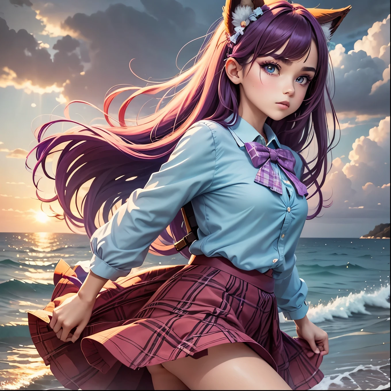 (1girl, koko), (guitar solo), bubble skirt, aqua shirt, bow, bowtie, buttons, collared shirt, expressionless, eyebrows hidden by hair, fox mask, cowboy shot, long hair, long sleeves, mask, multicolored buttons, pink eyes, pink hair, orange skirt, plaid, plaid shirt, purple bow, purple bowtie, shirt, skirt, solo, very long hair, sea, ocean, beach, cloudy, sunrays, dusk, moon, cloud, sky, outdoors, cloudy sky, leaf, ruins, sunbeam, post-apocalypse, side view