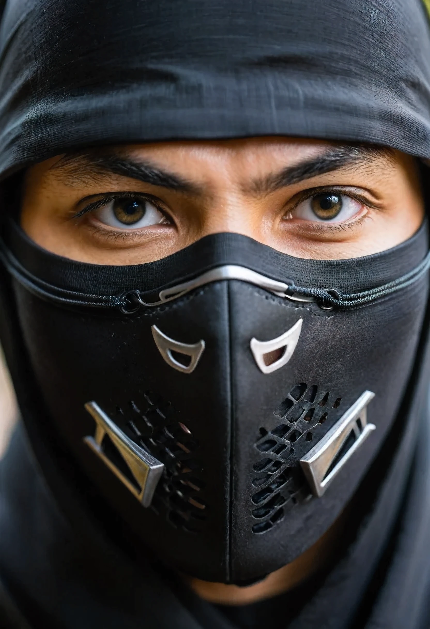 Close-Up of Ninja Mask, eyes focus, Keen-eyed, black clothes,