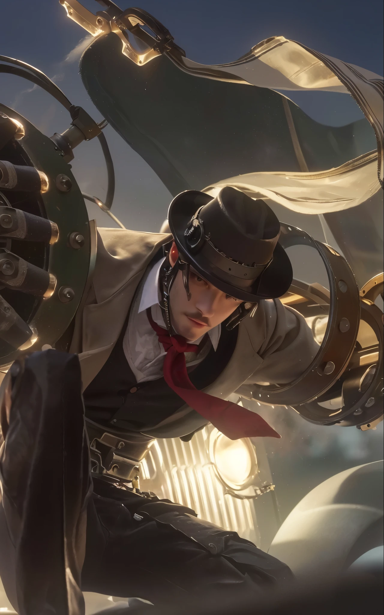 a man with steam engine and hat, portrait, detailed face, detailed eyes, detailed nose, detailed lips, steampunk style, mechanical gears, cogs, steam, industrial, vintage car, antique, sepia toned, dramatic lighting, (best quality,4k,8k,highres,masterpiece:1.2),ultra-detailed,(realistic,photorealistic,photo-realistic:1.37),HDR,UHD,studio lighting,ultra-fine painting,sharp focus,physically-based rendering,extreme detail description,professional,vivid colors,bokeh