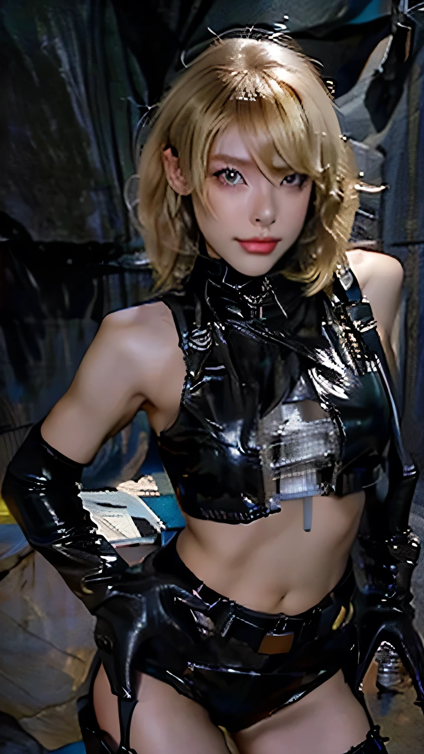 sexy, ((Blonde short hair)), black eye, Excellent, (Black latex bikini set), Black boots, Black gloves, 黒いHigh heel boots､ (Short blonde hair), Black latex bikini set, (Black long boots), (Black Leather Gloves), High heel boots､((Portraiture))､ Black latex bikini set, (Black Micro Bikini Panties), ((Stand and pose))､((Upper body portrait)), ､masterpiece, 最high quality, high quality, High resolution､((In a dark cave))､Black Theme, Black Micro Bikini Panties, 