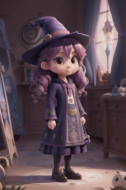 (Best Quality, tmasterpiece:1,1), sketch, ( Package "Mysticism", Little witch with an owl, rose hair, illustartion, by Ross Tran), painting, Detailed, ((ross tran style)), 8K