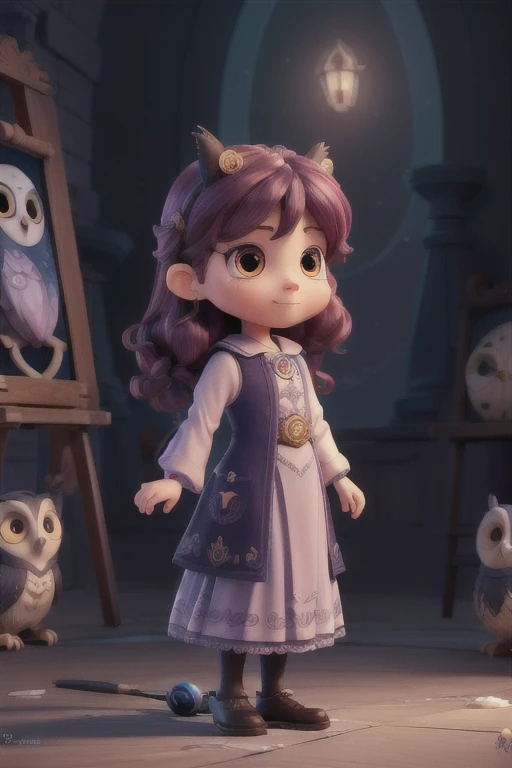 (Best Quality, tmasterpiece:1,1), sketch, ( Package "Mysticism", Little witch with an owl, rose hair, illustartion, by Ross Tran), painting, Detailed, ((ross tran style)), 8K