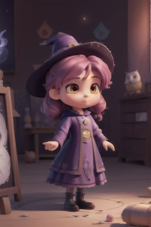 (Best Quality, tmasterpiece:1,1), sketch, ( Package "Mysticism", Little witch with an owl,  rose hair, illustartion, by Ross Tran), painting, Detailed, ((ross tran style)), 8K