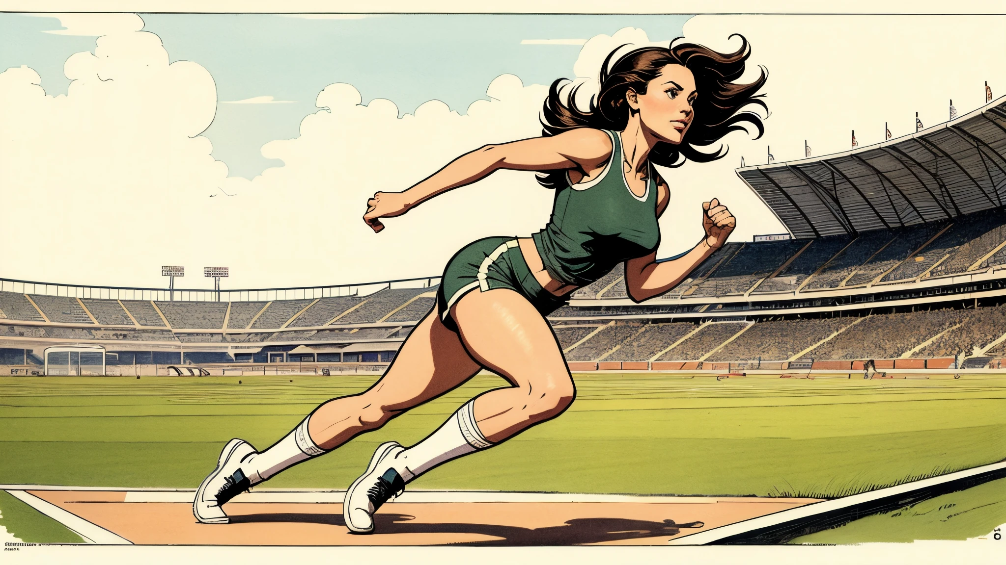 The illustrations are reminiscent of old newspaper illustrations., A woman sprinting in an athletics stadium, Shorts, socks