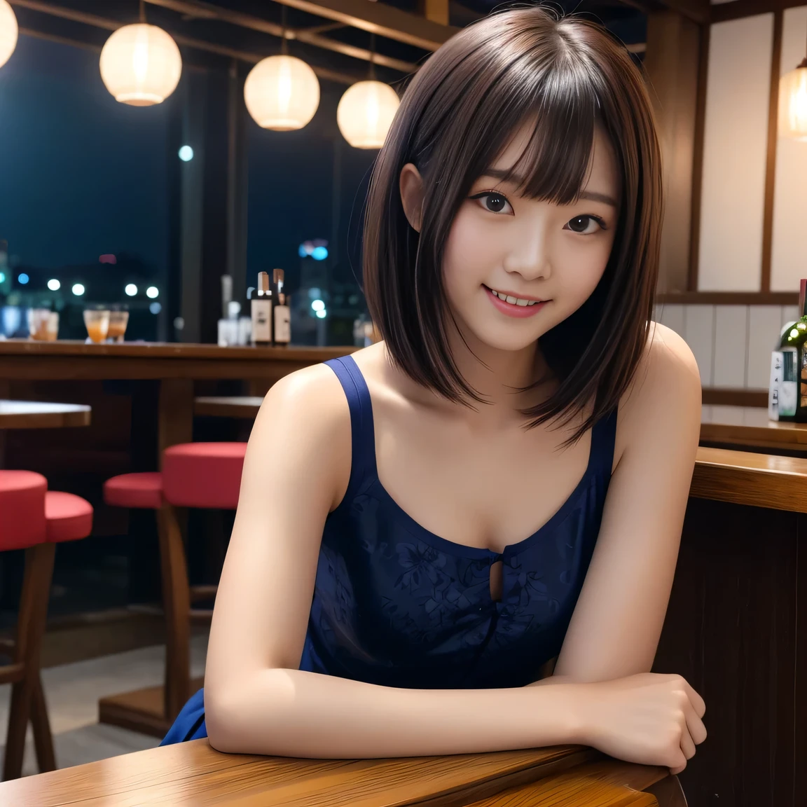 Product quality,photograph、 8k wallpaper、 One girl, Upper Body Shot, Front view, Young and beautiful woman in Japan, 、15 years old、bar、Tavern、Izakaya chair、Sitting with a smile, attractive、Floral clothes、Silk Camisole、 Wearing a navy blue pleated mini skirt, Super cute face, Glossy lips, Double eyelids on both eyes, Natural Makeup, Long eyelashes, shiny smooth light brown 、Short Bob Hair, Asymmetrical bangs, Sunburned skin,  Center image, High resolution, High detail, Detailed hairstyle, Detailed face, Spectacular movie lighting, Octane Rendering, Vibrant, Ultra-realistic, Perfect limbs, Perfect Anatomy、