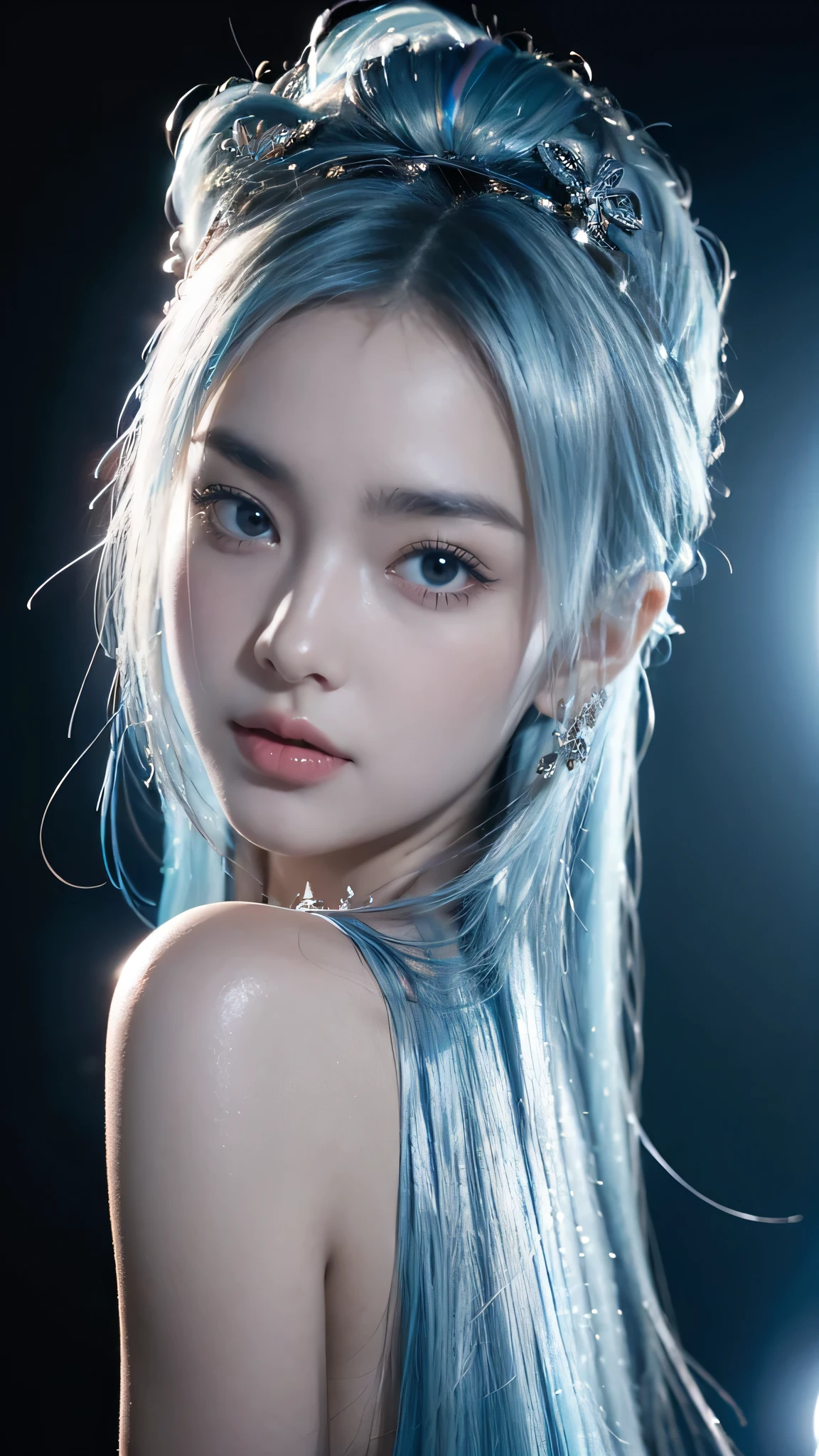 highly detailed, 8k, masterpiece, 2girls, young asian girls, 19 years old, Blue pink_hair, smile, (perfect_face), sharp facial features, sharp face, ornate, intricate, dramatic lighting, detailed_background, caustics, show full body, goddess look, goddess body, (extra detailed body, extra detailed face, best qualtiy:1.2), a goddess, looking at the viewers, (Silver, light blue and blue gradient hair color, nude black tape peoject for a fashion show, Fancy makeup, accessorized),