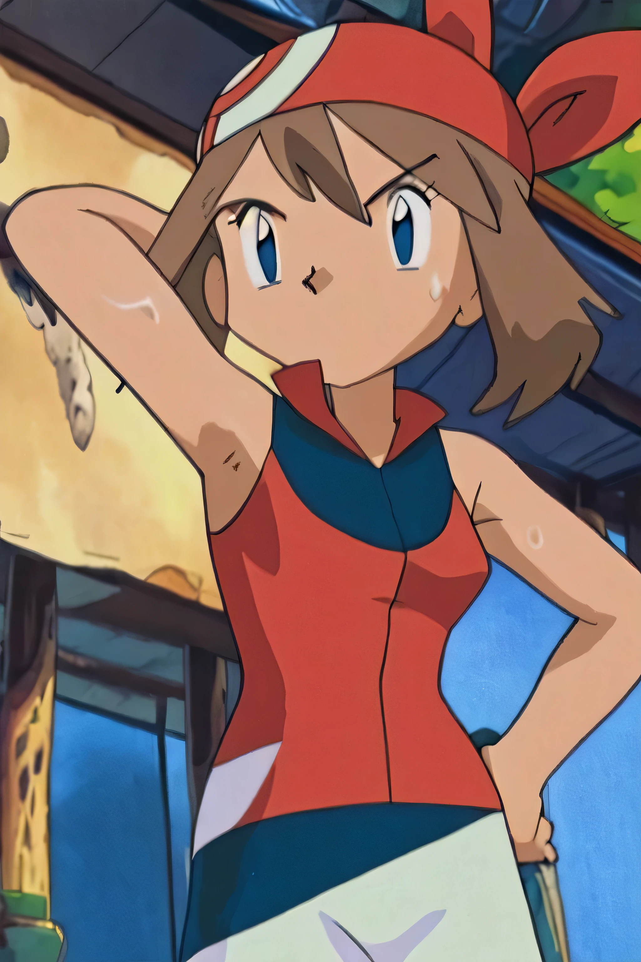 masterpiece, best quality, highres, outdoors, 1girl, solo, may (pokemon), bandana, red shirt, bare shoulders, high quality, masterpiece sleeveless,sweat,sweaty,sweaty armpits,showing armpits,arms raised, armpit,armpits,awesome armpits,tired,exhausted,sleeveless