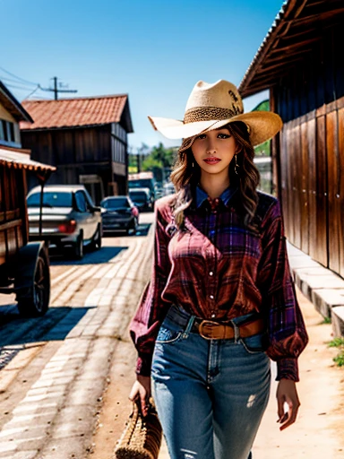 Uma linda mulher em estilo country, (usando camisa social xadrez red and black justa), destacando-se em uma cidade faroeste. Sua pele bronzeada brilha sob o sol poente, olhos verdes radiantes, e cabelos castanhos ondulados caem suavemente sobre seus ombros. She wears a brown cowboy hat, uma camisa xadrez vermelha ajustada, jeans desbotados e botas de couro intricadamente bordadas.
She is on a dirt street surrounded by wooden buildings typical of the western. The local saloon has swinging doors and a porch where cowboys chat. The barbershop displays a rotating sign, and the blacksmith shop next door is active with the sound of hammering. Horses tied to wooden posts and a hay cart passing by complete the scene.. The golden light of the sunset lengthens the shadows and bathes the city in a warm glow, capturing the vibrant essence of the old west.
