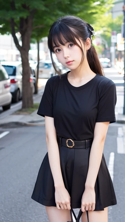 Street snapshot of a young Japanese woman。The top of the outfit is a plain T-shirt.、Others are Lolita-style fashion。